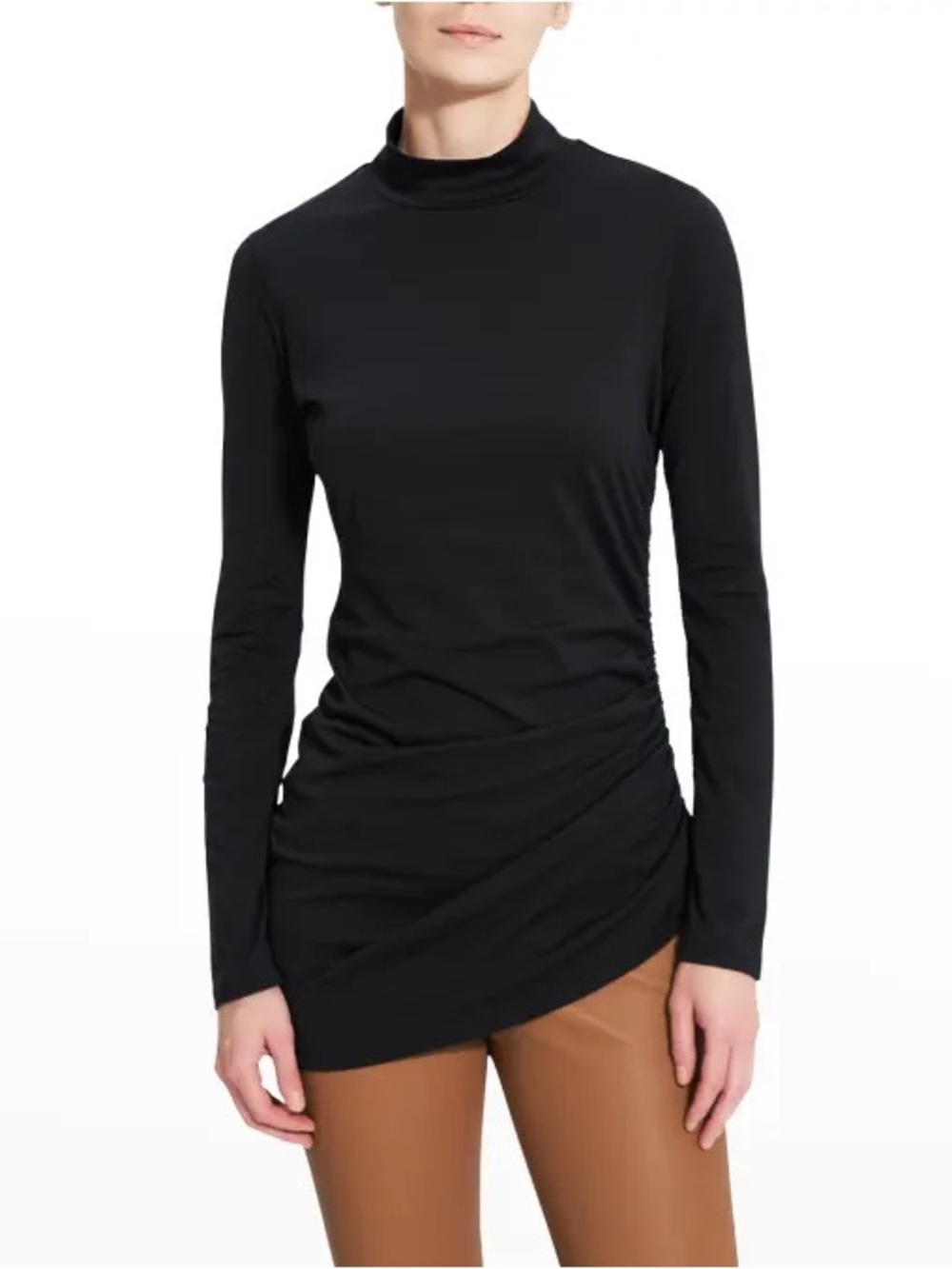 Theory Apex Ruched Mock-Neck Tee Black M Long Sleeve Asymmetrical Modal Cotton
